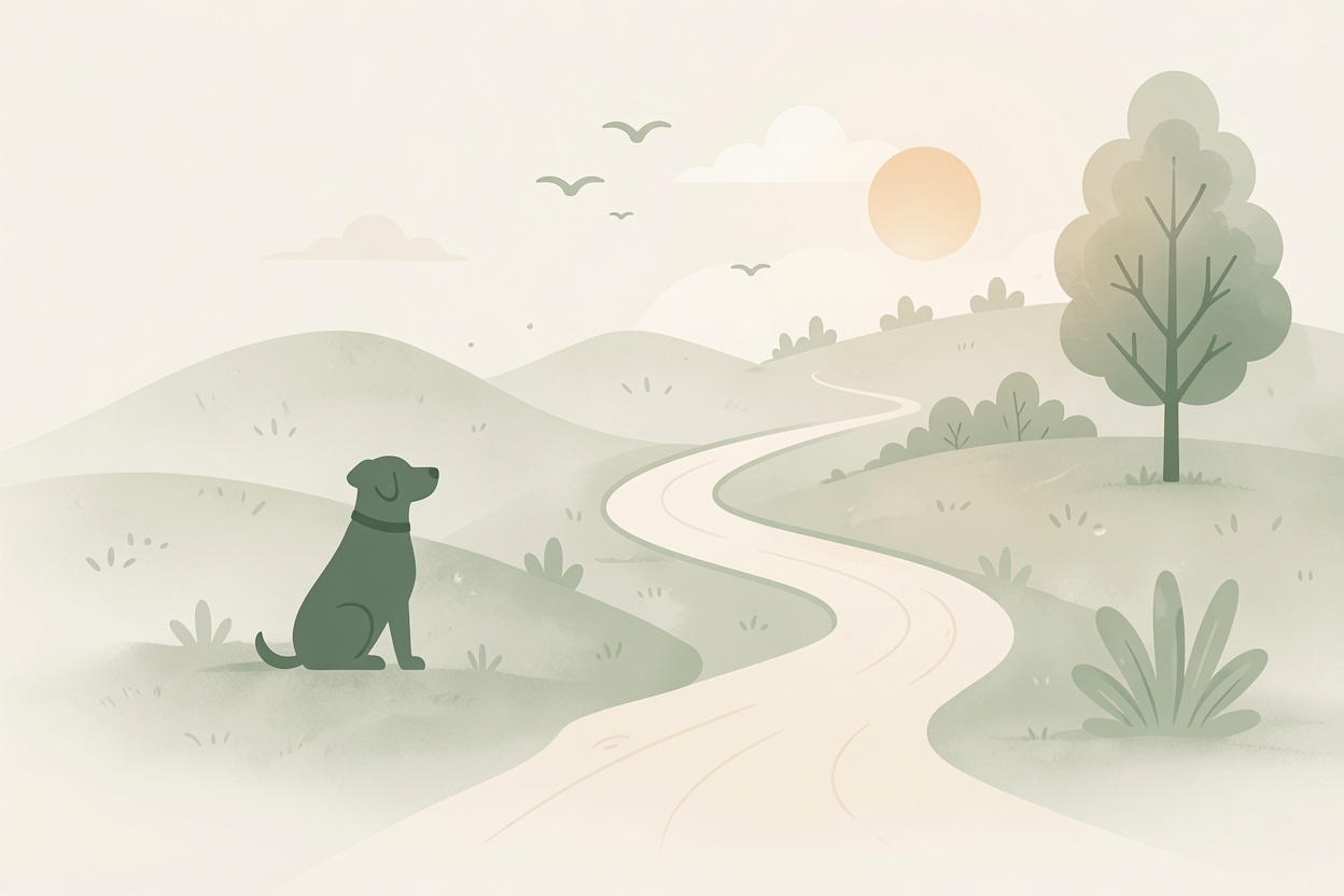 A peaceful landscape with a dog beside a winding path.