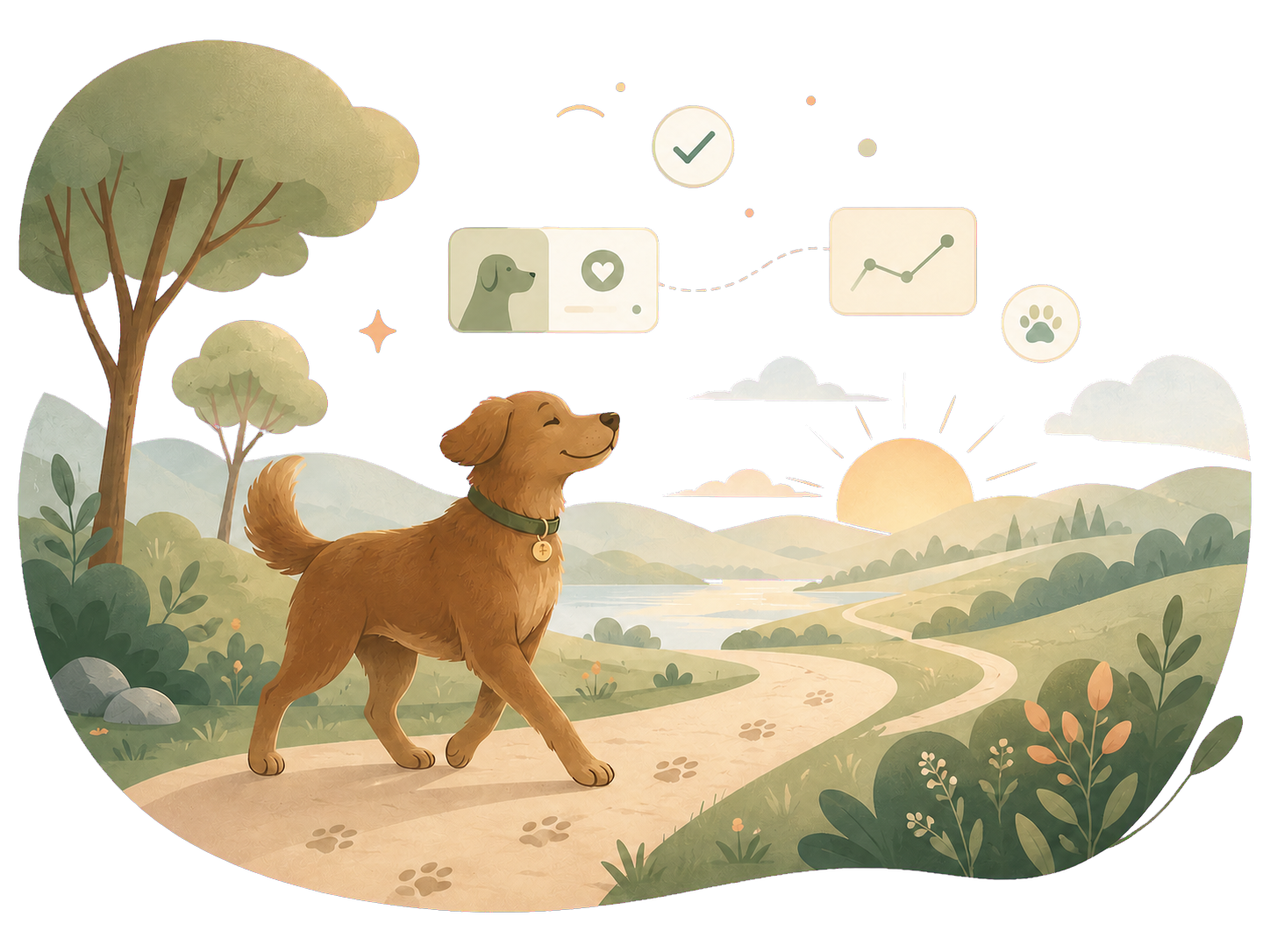 An illustration of a relaxed dog walking through a calm landscape with simple progress cards.