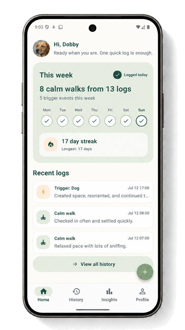 CalmWalk home screen showing weekly calm-walk progress and recent logs.